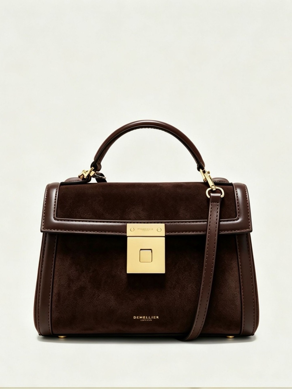 DeMellier Dark Brown Suede Top Handle Satchel with Gold Hardware
